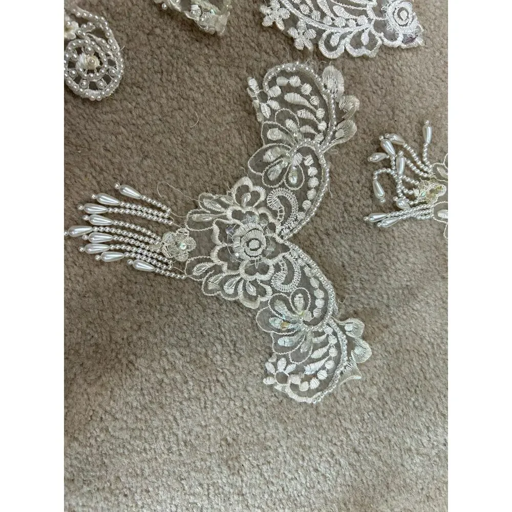 Ivory and Silver beaded lace applique 9 piece floral motiff